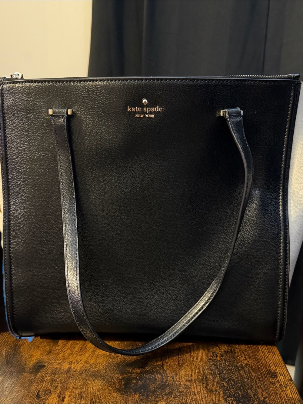 kate spade Black Leather Structured Tote with Gold Logo